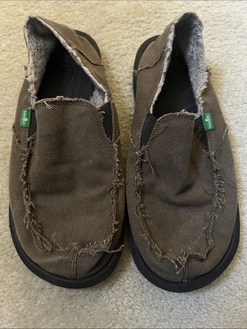 Sanuk Frayed Canvas Slip-Ons in Olive